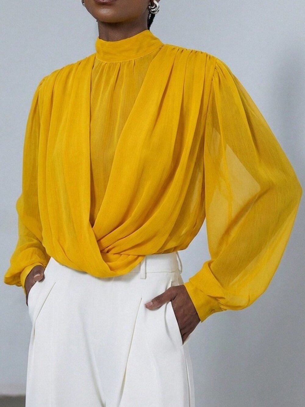 Yellow Elegant Women's Sheer Mock Neck Chiffon Wrap Front Puff Sleeve Blouse